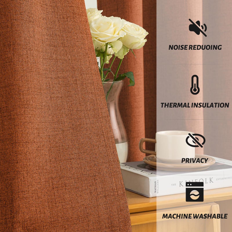 Yakamok Burnt Orange Linen Curtains 100% Blackout 96 Inches Long,Room Darkening Textured Curtains for Living Room Thermal Grommet Bedroom Curtains 2 Panels with White Liner - Image 5